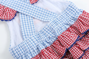 Light Blue and Red Gingham USA Flag Ruffle Bubble Romper