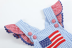 Light Blue and Red Gingham USA Flag Ruffle Bubble Romper