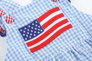 Light Blue and Red Gingham USA Flag Ruffle Bubble Romper