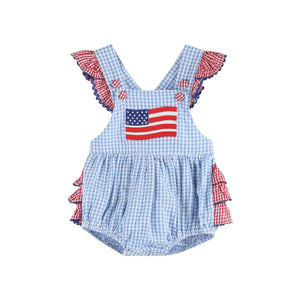 Light Blue and Red Gingham USA Flag Ruffle Bubble Romper