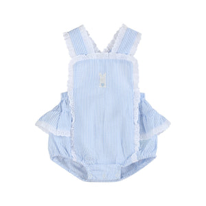 Light Blue Seersucker Bunny Ruffle Bubble Romper