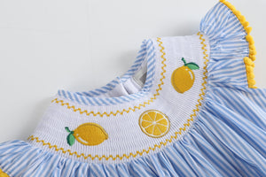 Light Blue Striped Lemons Smocked Ruffle Bubble Romper