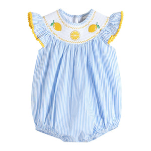 Light Blue Striped Lemons Smocked Ruffle Bubble Romper