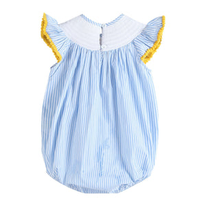 Light Blue Striped Lemons Smocked Ruffle Bubble Romper