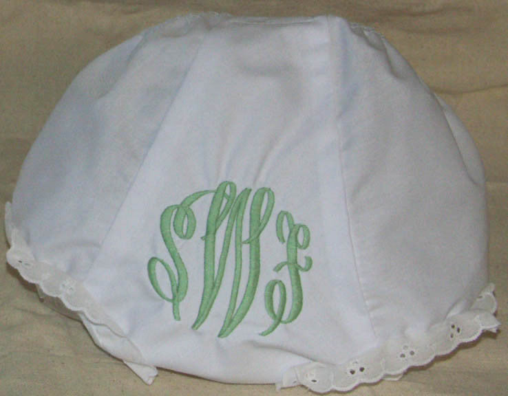 A picture of a pair of monogrammed baby bloomer panties done for a customers