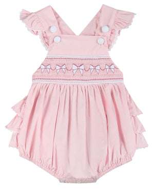 Pink and White bows Smocked Ruffle Bubble Romper