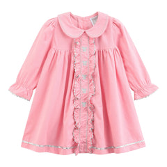 Pink Corduroy Ruffle Dress with Silver Bows