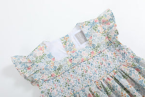 Pink Floral Print Smocked Flutter Dress