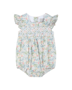 Pink Floral Print Smocked Flutter BubbleRomper