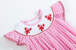 Pink Gingham Crawfish Smocked Flutter Bubble Romper