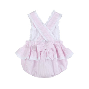 Pink Seersucker Bunny Ruffle Bubble Romper