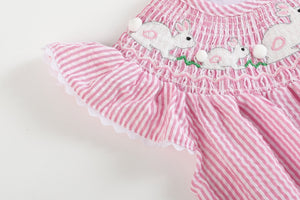 Pink Seersucker Running Bunnies Smocked Flutter Bubble Romper