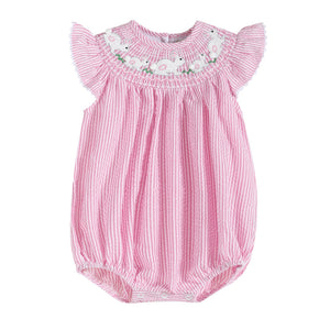Pink Seersucker Running Bunnies Smocked Flutter Bubble Romper