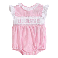 Pink Striped Lil Sister Smocked Bubble Romper