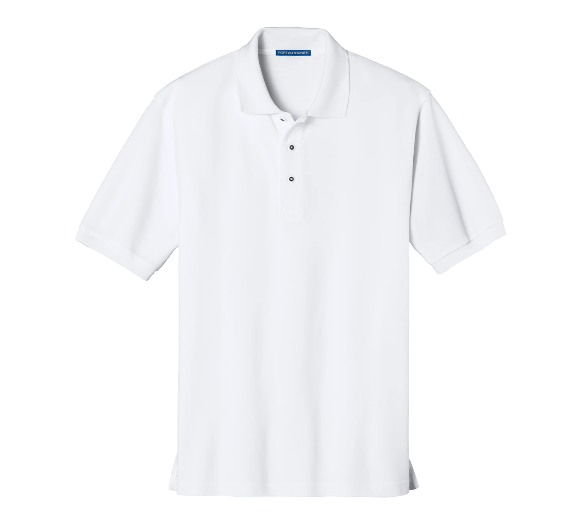 Purple Turtle Gifts white short-sleeve polo shirt with flat knit collar and cuffs, 65/35 poly/cotton pique.