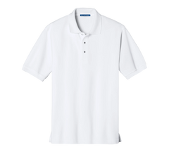 Purple Turtle Gifts white short-sleeve polo shirt with flat knit collar and cuffs, 65/35 poly/cotton pique.