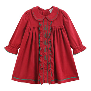 Red Corduroy Ruffle Dress with Christmas Trees
