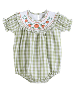 Sage Green Gingham Pumpkin Smocked Bubble Romper