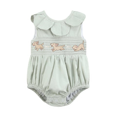 Sage Green Puppy Dog Petal Smocked Bubble Romper