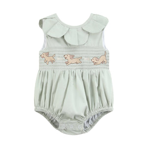 Sage Green Puppy Dog Petal Smocked Bubble Romper