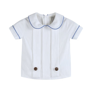 White Collared Top and Blue Button Shorts