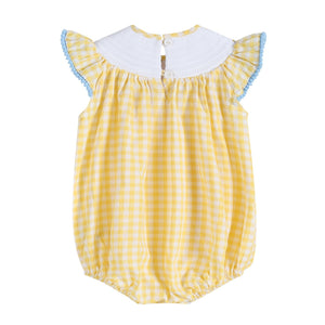 Yellow Gingham Lemon Smocked Flutter Bubble Romper