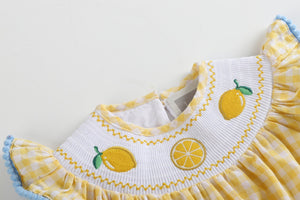 Yellow Gingham Lemon Smocked Flutter Bubble Romper