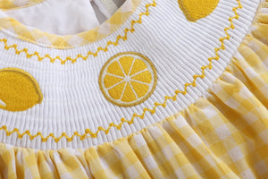 Yellow Gingham Lemon Smocked Flutter Bubble Romper