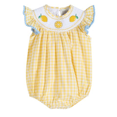Yellow Gingham Lemon Smocked Flutter Bubble Romper