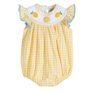 Yellow Gingham Lemon Smocked Flutter Bubble Romper