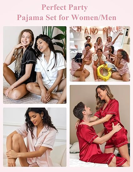 Women's Pink Silk Pajamas Set Short Sleeve Sleepwear Satin Button Down Pj Sets 4Pcs Pjs Shorts Hairband Hair Loop