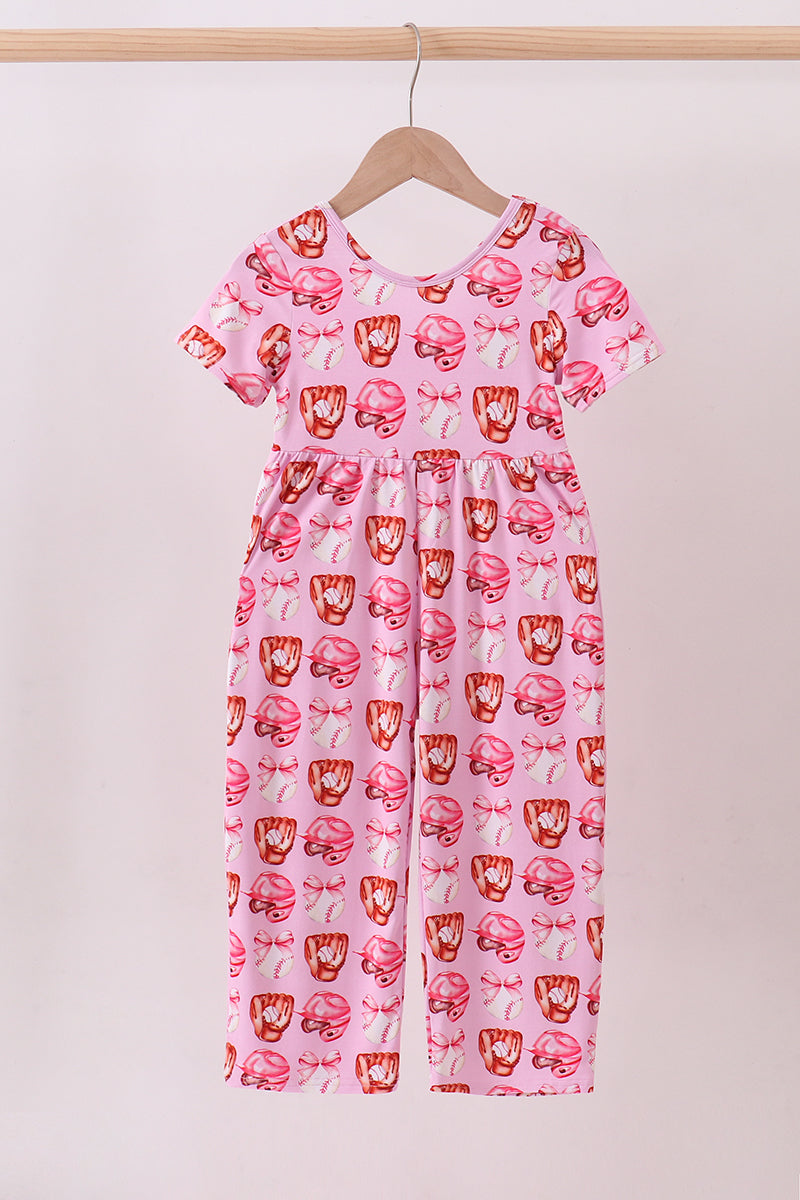 Pink bow baseball bamboo jumpsuit