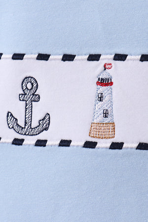 Blue sailboat embroidery gingham shorts set