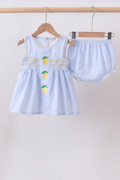 Blue lemon embroidery seersucker bloomer set