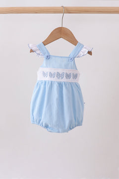 Blue Bow Smocked Embroidered Jacquard Bubble