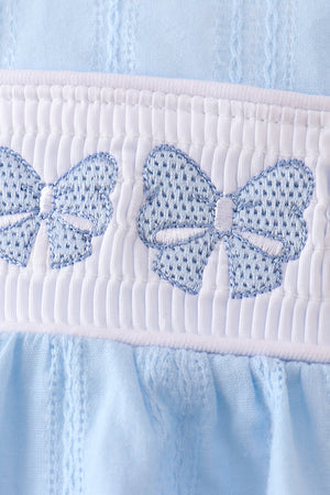 Blue Bow Smocked Embroidered Jacquard Bubble