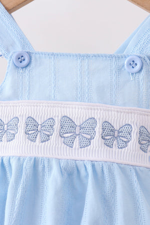 Blue Bow Smocked Embroidered Jacquard Bubble