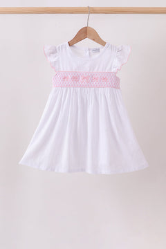 White Bow Smocked Jacquard Dress