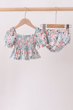 Pink Floral Smocked UPF Swim Set