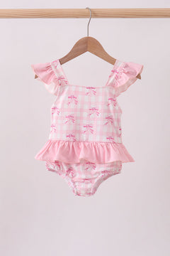Pink bow print ruffle one-piece swimsuit