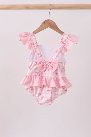 Pink bow print ruffle one-piece swimsuit