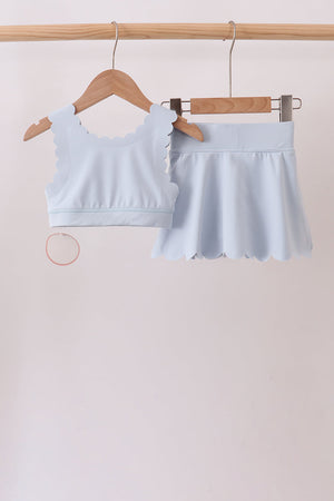 Blue Scalloped Yoga Skorts Set