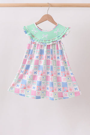 Green Bow Embroidered Checkered Dress