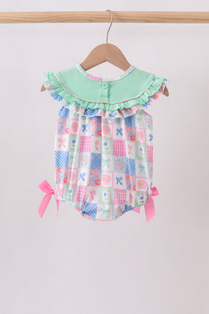 Green Bow Embroidered Checkered Bubble