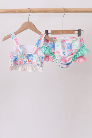 Green Bow Checkered Ruffle 2pc Swimsuit