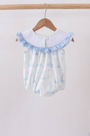 Blue Sailboat Smocked Ruffle Bubble
