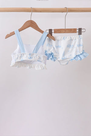Blue Sailboat Smocked 2PC Swimsuit
