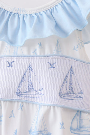 Blue Sailboat Smocked One-Piece Swimsuit