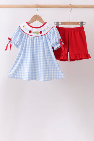 Blue School Bus Smocked Gingham Ruffle Shorts Set