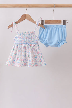 Blue Floral Smocked Bloomer Set